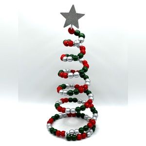 Primitive Spiral Beaded Christmas Tree Red Green Silver Beads Silver Star 11 in